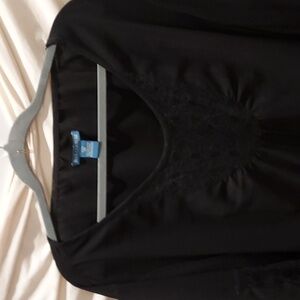 Blue Couture Black Tunic Blouse with Floral Lace Accent on Bodice and Sleeves 2X